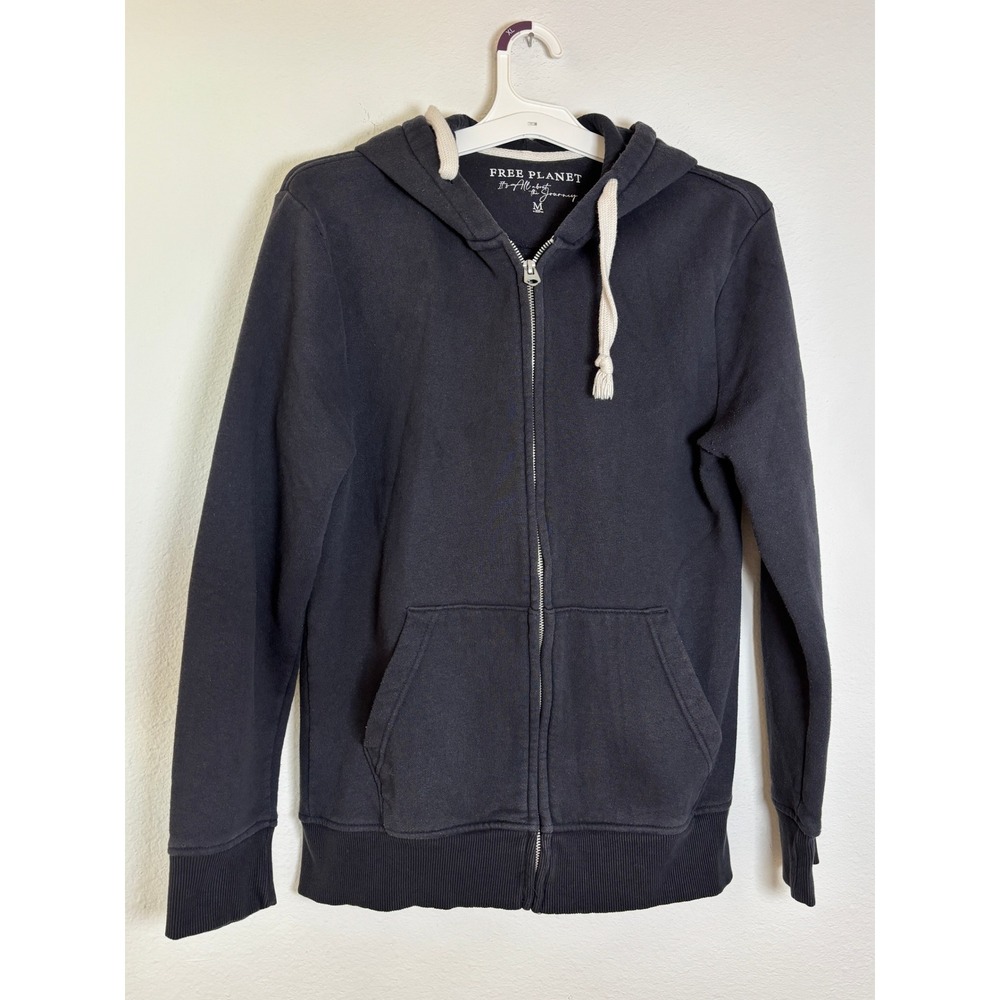 Free Planet Mens Full Zip Hoodie Black Fleece Sweatshirt Size M